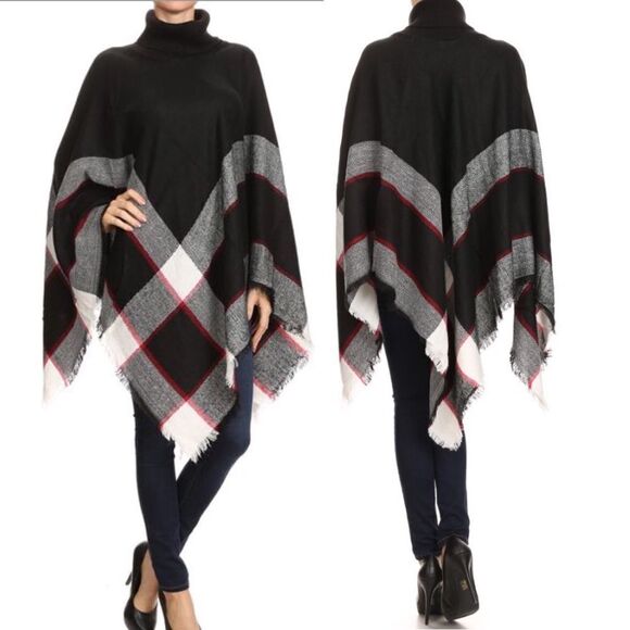 New Plaid Black & Grey Knit Poncho Oversized Comfy Lounge Turtleneck Preppy - Picture 3 of 5